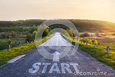 Start. Written on road. New achievements. New goals. New job. Achievement of the goal. Stock Photo