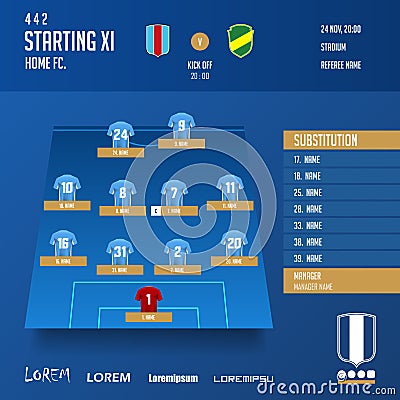 Football or soccer match lineups formation infographic template. Set of football player position on soccer field. Soccer Icon. Vector Illustration