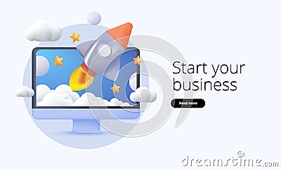 Start your business website template. Start up landing page, banner with notebook, rocket, clouds 3D render. Vector Vector Illustration