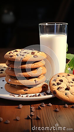 Start your day right relishing a delicious chocolate chip cookie with fresh milk Stock Photo