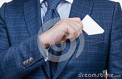 Start your saving. Credit card in suit pocket. Saving bank. Banking account. Business information Stock Photo