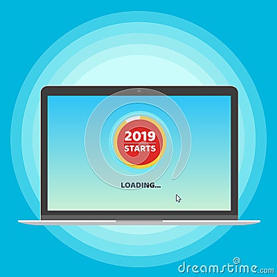 2019 almost starts loading page on laptop and cursor pointer. Flat style design invitation to the xmas or new year party postcard Vector Illustration