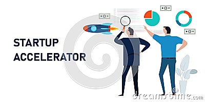 startup accelerator accelerate small business entrepreneur technology rocket fly chart and coding Vector Illustration