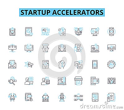 Startup Accelerators linear icons set. Incubator, Mentorship, Seed funding, Innovation, Cohort, Collaboration, Nerk line Vector Illustration