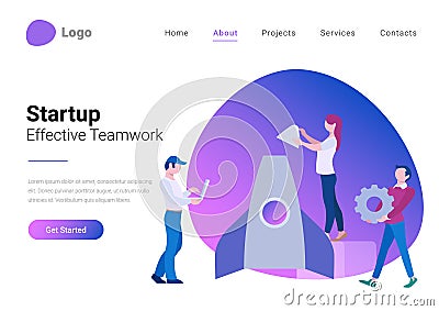 Startup Business Application Flat style vector illustration landing page banner. Successful Effective Teamwork concept. People Vector Illustration