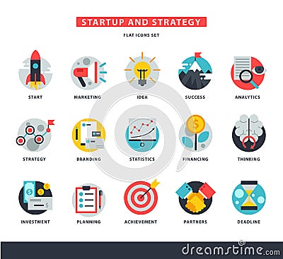 Startup business icons vector start up strategy marketing idea innovation or businessplanning illustration of rocket or Vector Illustration