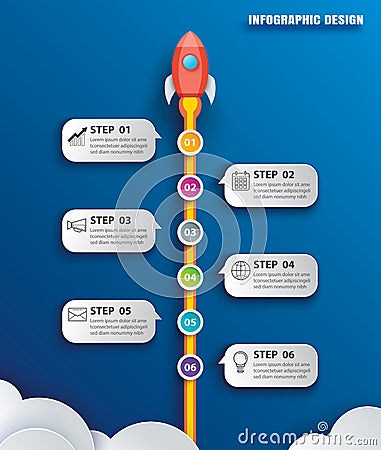 Startup business infographics with 6 data template. Vector illustration abstract rocket paper art on blue background Vector Illustration