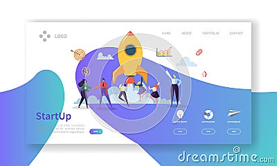 Startup Business Landing Page. New Project Banner with Flat People Characters Launching Rocket Website Template Vector Illustration