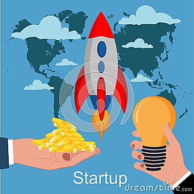 Startup and business launch concept, hand holding money and bright ideas, vector illustration Vector Illustration