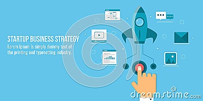 Startup business strategy, rocket ready to fly, businessman pressing the start button concept. Flat design vector banner. Vector Illustration