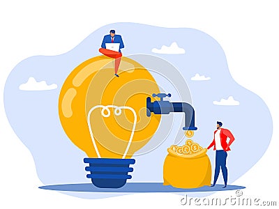 Startup businessman get money from revenue faucet flowing from lightbulb idea to make money, earning Vector Illustration