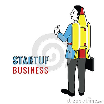 Startup businessman with rocket show thumb up Vector Illustration
