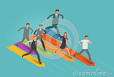 Startup, career, business concept. Businessman and group of business people running to the goal. Infographics vector Vector Illustration