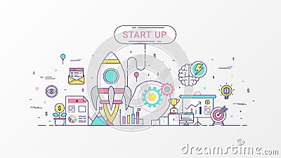 Startup company. Fast-growing business infographic. Horizontal composition template contains Rocket icons, Business planning. Cartoon Illustration