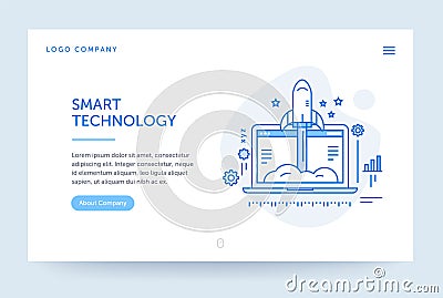 Startup company illustration. Web banner. Blue flat line style. Home page concept. UI design mockup. Vector Illustration