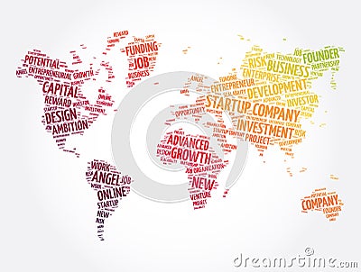 Startup company word cloud in shape of world map, business concept background Stock Photo