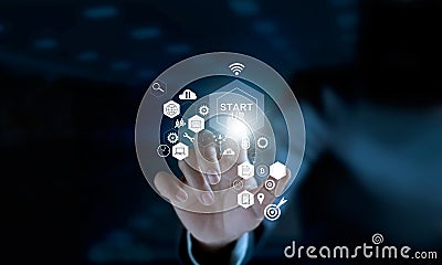 Startup concept. Businessman touching icon start up network Stock Photo