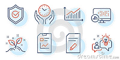 Startup concept, Graph and Safe time icons set. Report document, Idea and Edit document signs. Vector Vector Illustration