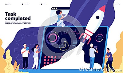 Startup concept. People launch spaceship rocket, start new project. Start-up app landing web page vector design Vector Illustration