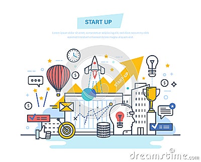 Startup, creative, modern information technology, business. Project development, professional growth. Vector Illustration