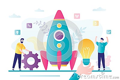 Startup development concept. Group of business people create new business. Big hand give new business idea Vector Illustration