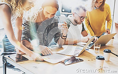 Startup Diversity Teamwork Brainstorming Meeting Concept.Business Team Coworkers Sharing World Economy Report Document Stock Photo