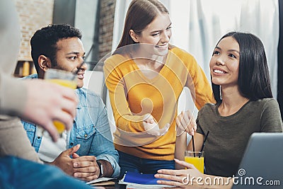 Young four colleagues making offer Stock Photo