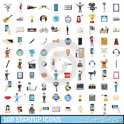 100 startup icons set, cartoon style Vector Illustration