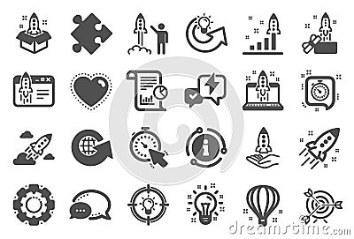 Startup icons. Set of Launch Project, Business report and Target. Vector Vector Illustration