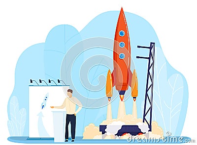 Startup idea launch rocket vector illustration, cartoon flat businessman launching rocket spaceship, starting new Vector Illustration