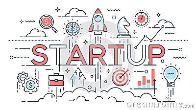 Startup, ideas and new business, development, project launch thin line concept. Vector Illustration