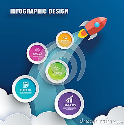 Startup infographics with 5 circle data template. Vector illustration abstract rocket paper art background. Can be used for Vector Illustration