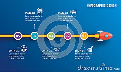 Startup infographics with 5 circle horizontal data template. Vector illustration abstract rocket paper art on blue background. Ca Vector Illustration