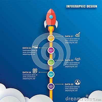 Startup infographics with 5 circle vertical data template. Vector illustration abstract rocket paper art on blue background. Can Vector Illustration