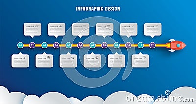 Startup infographics with 12 data template. Vector illustration abstract rocket paper art on blue background. Can be used for Vector Illustration