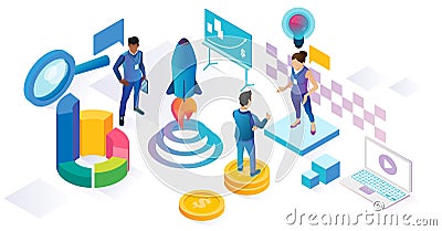 Startup isometric cyberspace concept illustration, project development and launch Vector Illustration