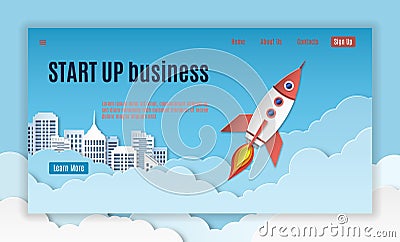 Startup landing. Mobil interface template of creative company project starting page vector website concept with rocket Vector Illustration