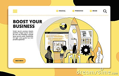 Startup landing page. Tech team launching rocket. Boost your business, project presentation layout. Customized website Vector Illustration