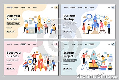 Startup landing pages. Web business sites design templates office managers director successful people launch startup Vector Illustration