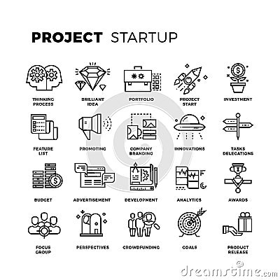 Startup, launch business, workflow, new product start up, research thin line vector icons Vector Illustration