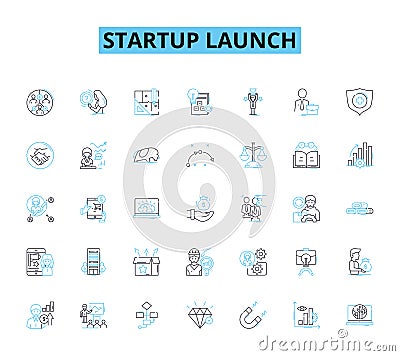 startup launch linear icons set. Momentum, Buzz, Launchpad, Catalyst, Ignition, Unveil, Debut line vector and concept Vector Illustration