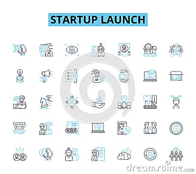 startup launch linear icons set. Momentum, Buzz, Launchpad, Catalyst, Ignition, Unveil, Debut line vector and concept Vector Illustration