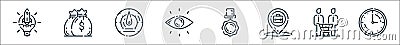 Startup line icons. linear set. quality vector line set such as clock, customers, location, medal, vision, speedometer, money bag Vector Illustration