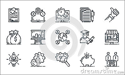 Startup line icons. linear set. quality vector line set such as customers, optimization, start up, piggy bank, manager, money bag Vector Illustration