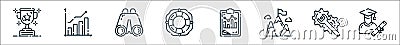 startup line icons. linear set. quality vector line set such as graduation, setting, top, statistics, lifebouy, binocular, growing Vector Illustration