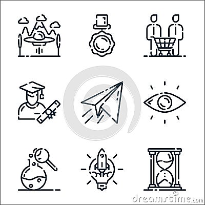 Startup line icons. linear set. quality vector line set such as hourglass, start up, research, vision, message, graduation, Vector Illustration