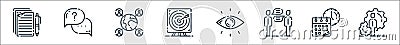 Startup line icons. linear set. quality vector line set such as manager, time, chat, vision, target, social network, info Vector Illustration