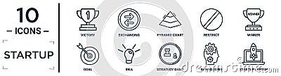 startup linear icon set. includes thin line victory, pyramid chart, winner, idea, brainstorm, startup laptop, goal icons for Vector Illustration