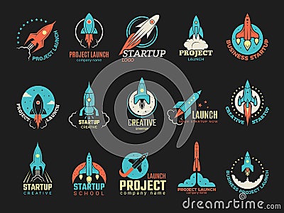 Startup logo. Business launch perfect idea spaceship rocket shuttle startup symbols vector colored badges Vector Illustration