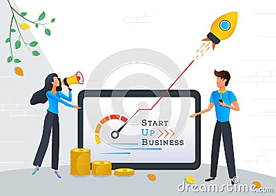 Startup new business project, financial investments in creative idea online, start up launching product with rocket, entrepreneurs Cartoon Illustration